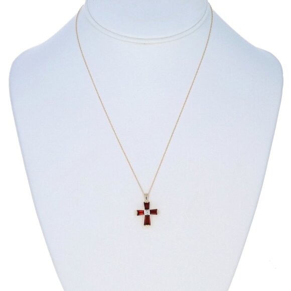 Yellow Gold Garnet Diamond Cross Necklace 17" - 14k Tapered Step 3.62ctw Faith - Picture 2 of 5